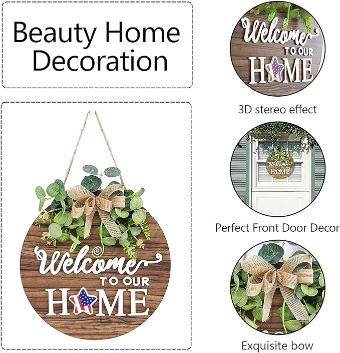 Interchangeable Seasonal Welcome Sign Front Door Decoration, Rustic Round Wood Wreaths Wall Hanging Outdoor, Farmhouse, Porch, for Spring Summer Fall All Seasons Holiday Halloween Christmas.