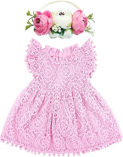 BGFKS Baby Girl Tutu Dress Elegant Lace Pom Pom Flutter Sleeve with Flower Headband Set