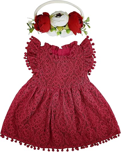 BGFKS Baby Girl Tutu Dress Elegant Lace Pom Pom Flutter Sleeve with Flower Headband Set